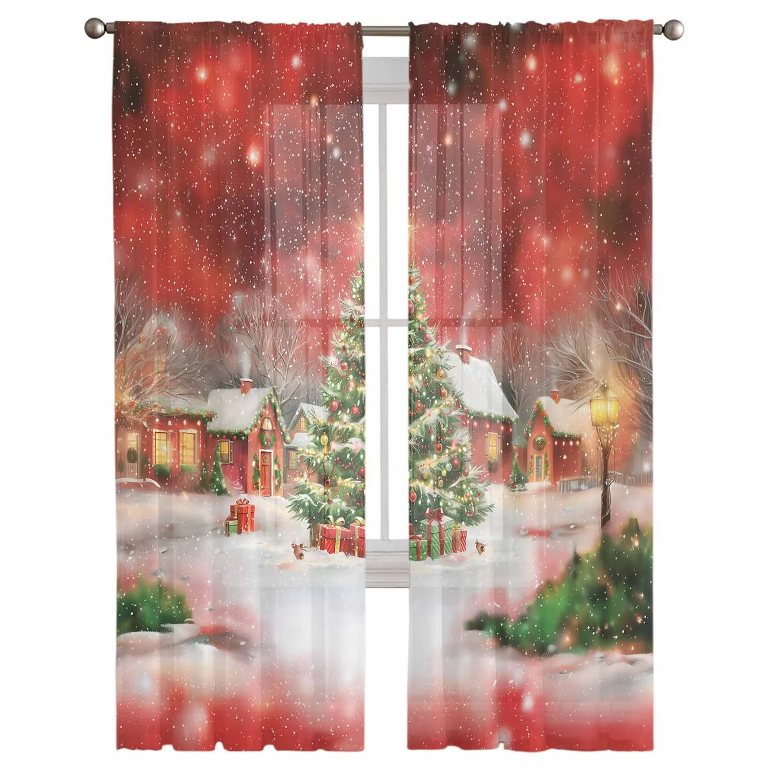 Christmas Tree Snow Cabin Street Lights Chiffon Sheer Curtains for Living Room Bedroom Decor Kitchen Window Voiles Tulle Curtain