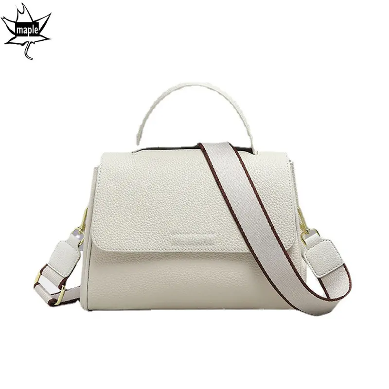 Elegant Beige White 2 Straps Shoulder Messenger Bag 100% Cow Leather Top-handle Women Handbag Luxury Flap Crossbody Bags