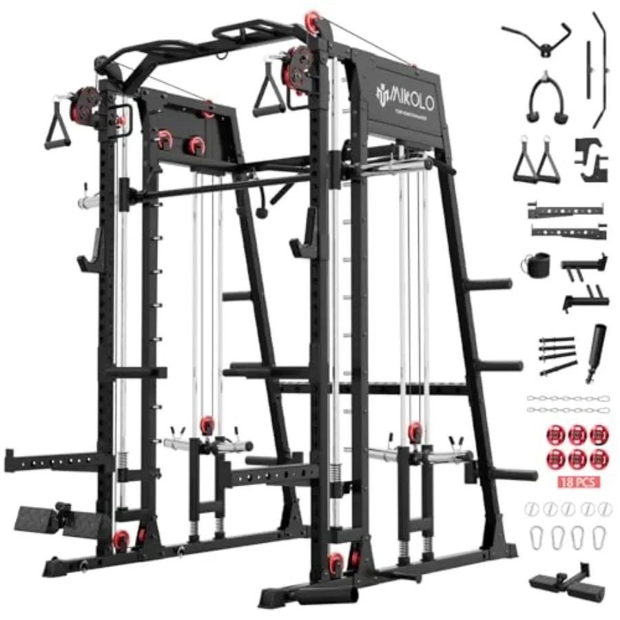 2.0 Smith Machine for home gym use, steel construction, black finish, 2200lbs capacity with LAT-Pull Down System Cable Crossove