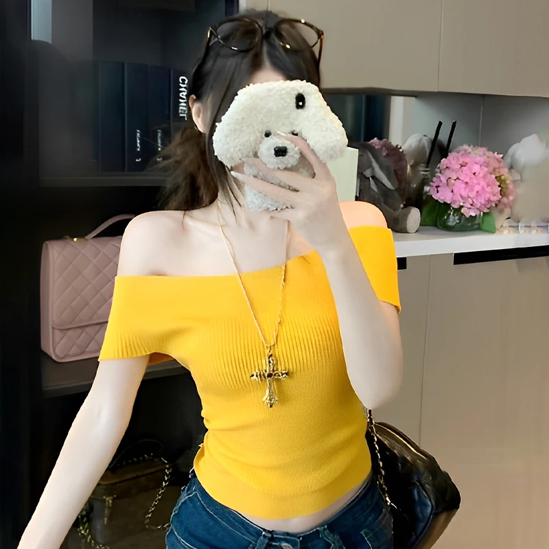 

Women Off-shoulder Short Sleeve Casual Tops Solid Color All-match Sexy T-shirt