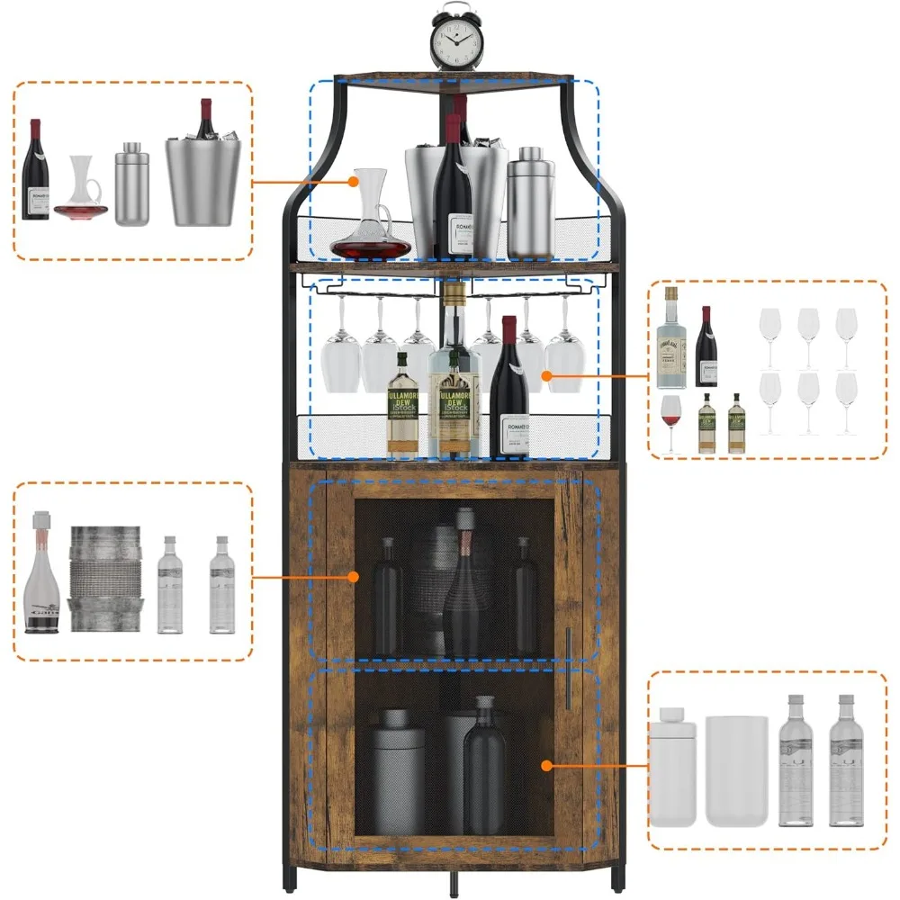 Industrial Style 5-Tier Corner Wine Rack with Removable Glass Shelf and Adjustable Liquor Storage Cabinet