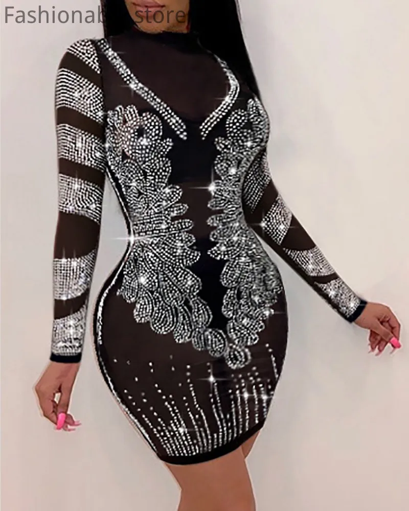 Robe de Soirée en Maille Transparente pour Femme, Tenue Sexy, Couleur Unie, avec Strass, pour Boîte de Nuit