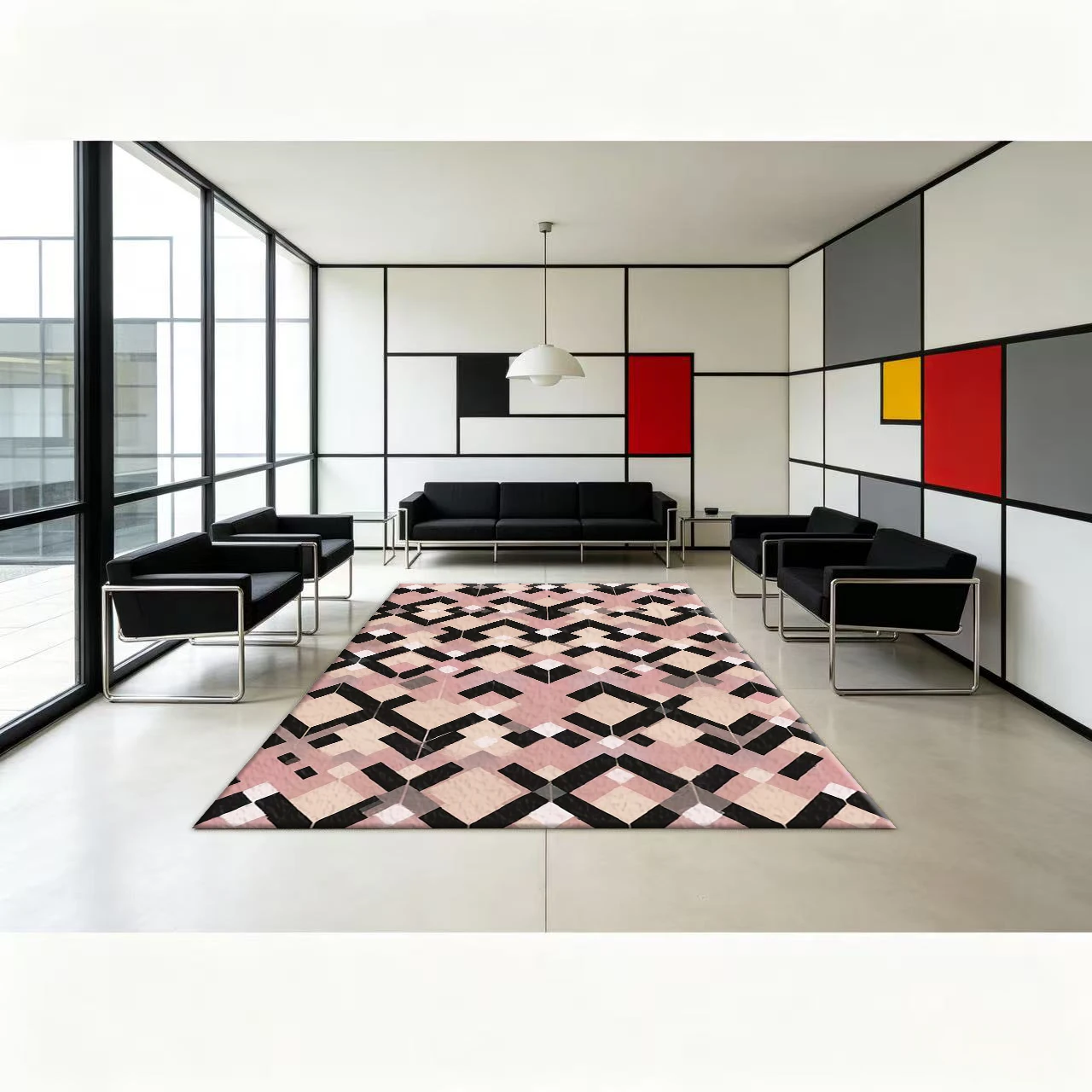 Printed Rug Abstract - พรมปูพื้นลายเพชรเรขาคณิตสีชมพู ดำ เบจ ลายพิมพ์สไตล์โมเดิร์นเรโทร ป้องกันการลื่นไถล เหมาะสำหรับตกแต่งห้องนั่งเล่น