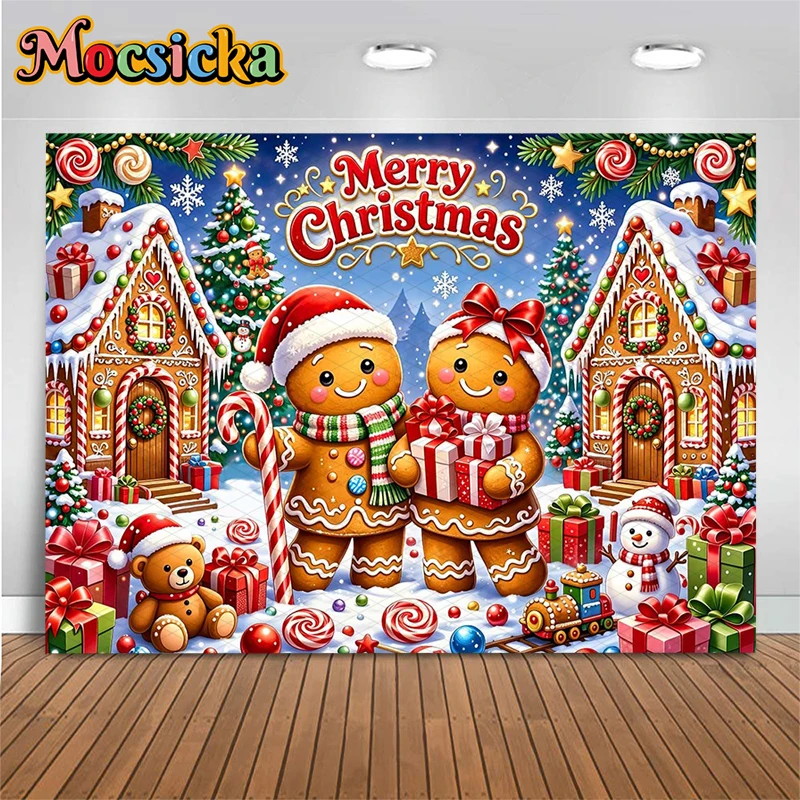 Mocsicka Merry Christmas Gingerbread Couple House Photo Backdrop Snowy Winter Village Lollipop Xmas Tree Photography Backgrounds