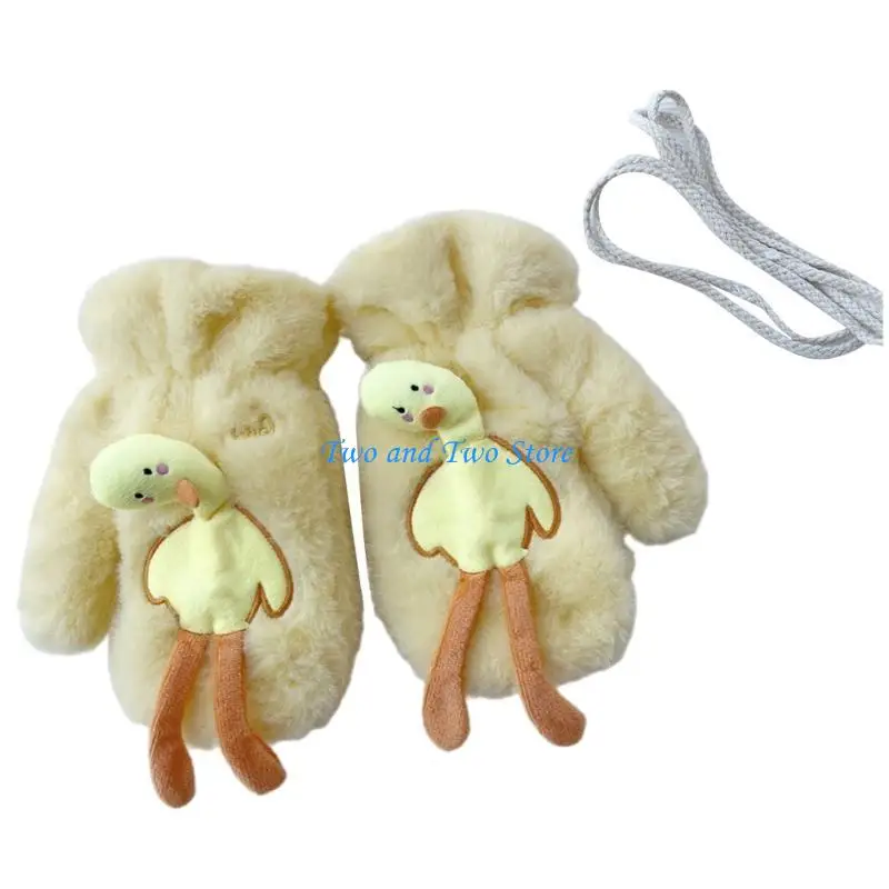 HX6F Plush Gloves Warm Skiing Gloves Girl Neck Hanging Furry Mittens for Cycling Ski