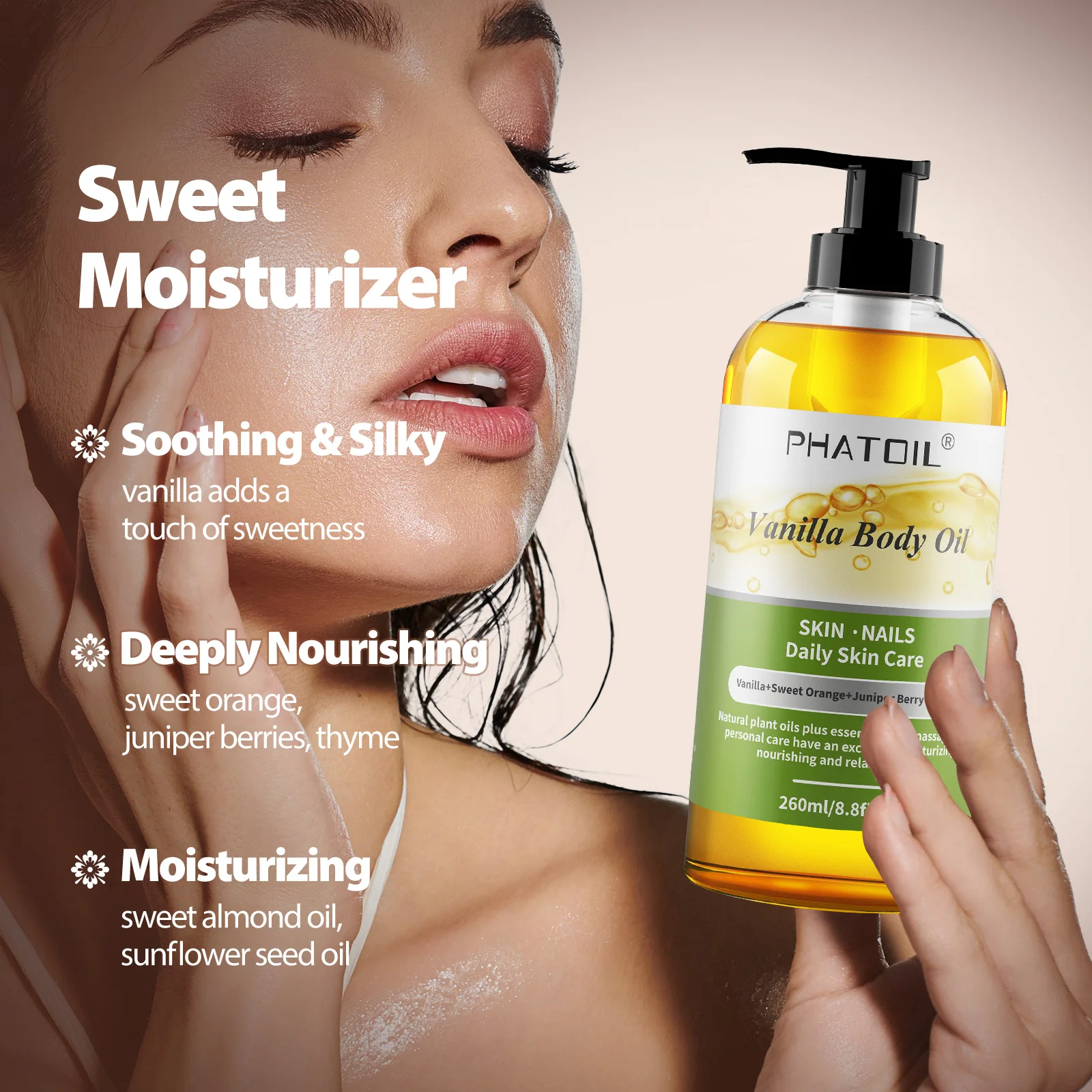 PHATOIL 260ML Vanilla Body Oil For Moisturizing Skin,118ml Castor Massage Oil Suitable For All Skin Types Long-Lasting Fragrance