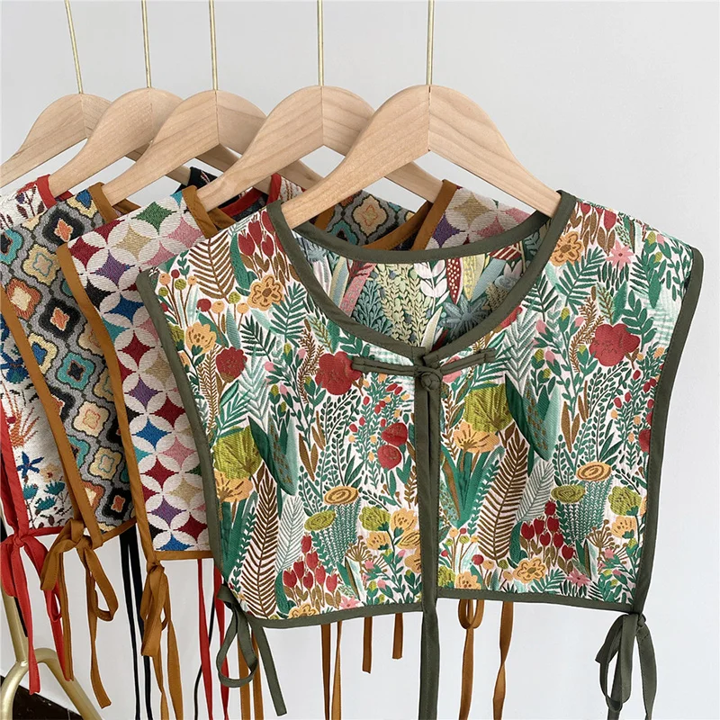 Vintage Flower Embroidery Fake Collar Lacing Detachable Collars For Women Vest Jacket Shawl Shirt False Tie Clothes Accessories