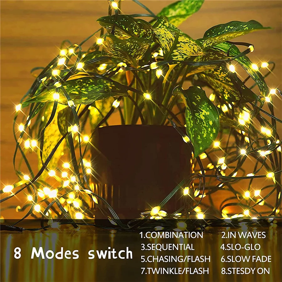 Corda de luzes led para decoração ao ar livre, corda de luzes de fadas, à prova waterproof, para festa de casamento, pátio, jardim, 20m, 50m, 100m, 8 modos, novo