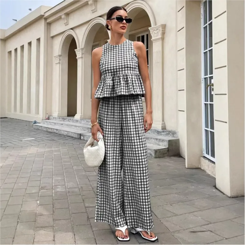 

Round Neck Sleeveless Top Straight Pants Two-piece Set 2026 Summer Plaid New Fashion Casual Suit Women's Matching Outfits Sets