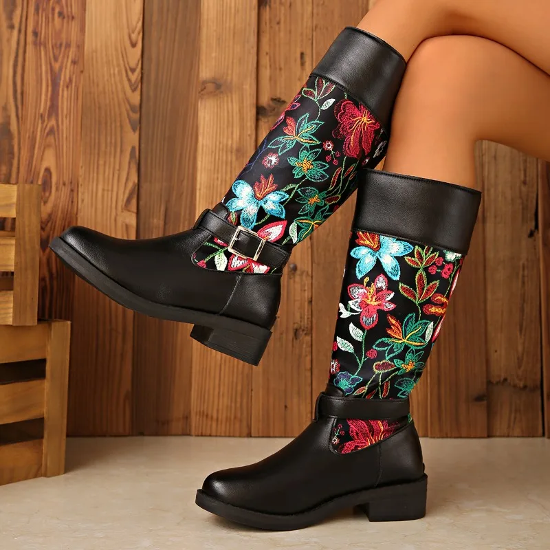 

Printed High Boots Fashion Round Toe Spliced Metal Buckle Sleeve Soft Sole Non-slip Wear-resistant Block Heel Shoes