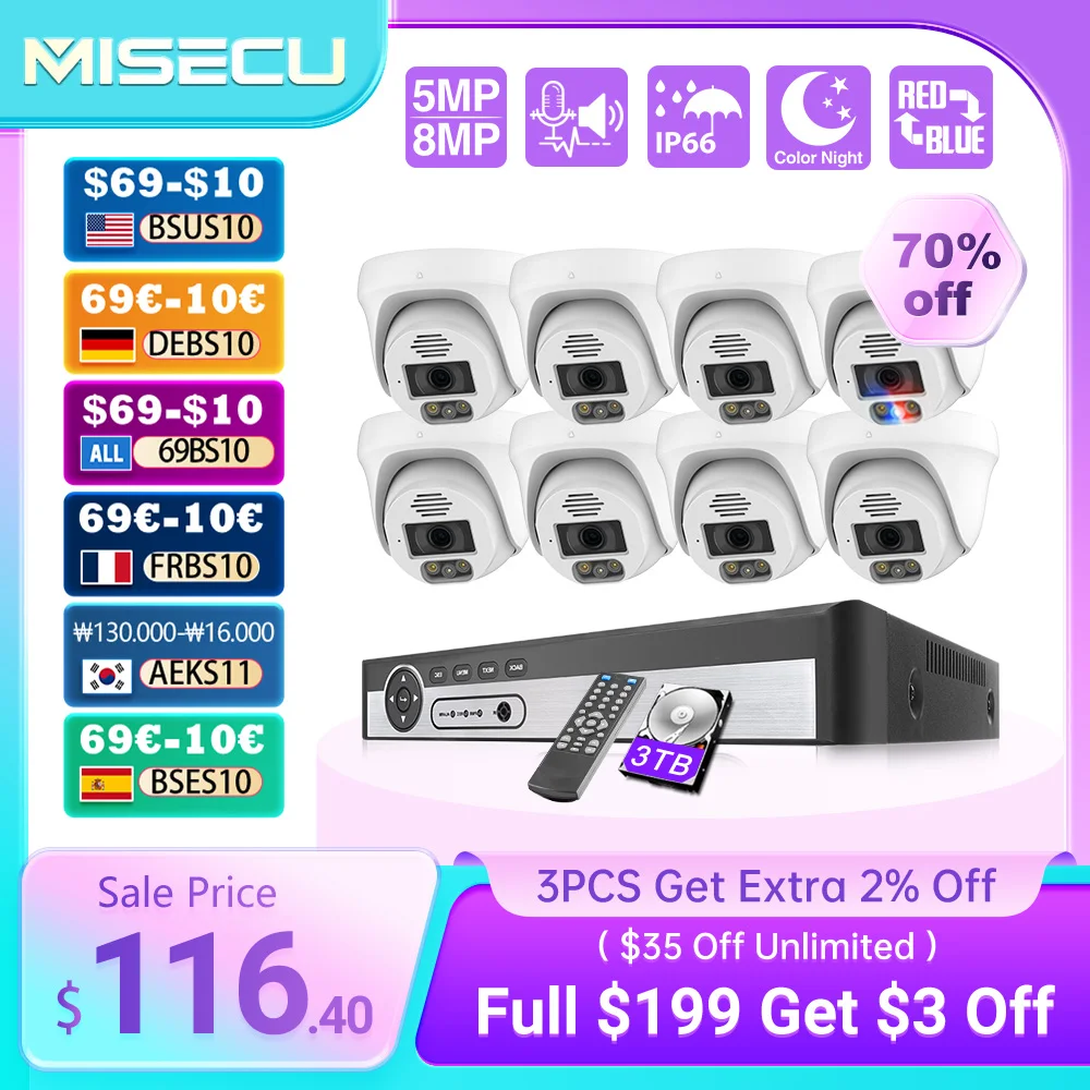 

MISECU 8CH 8MP 5MP Security Camera System POE Face Detect Dome Indoor Two Way Communication Color Night Record Surveillance Set