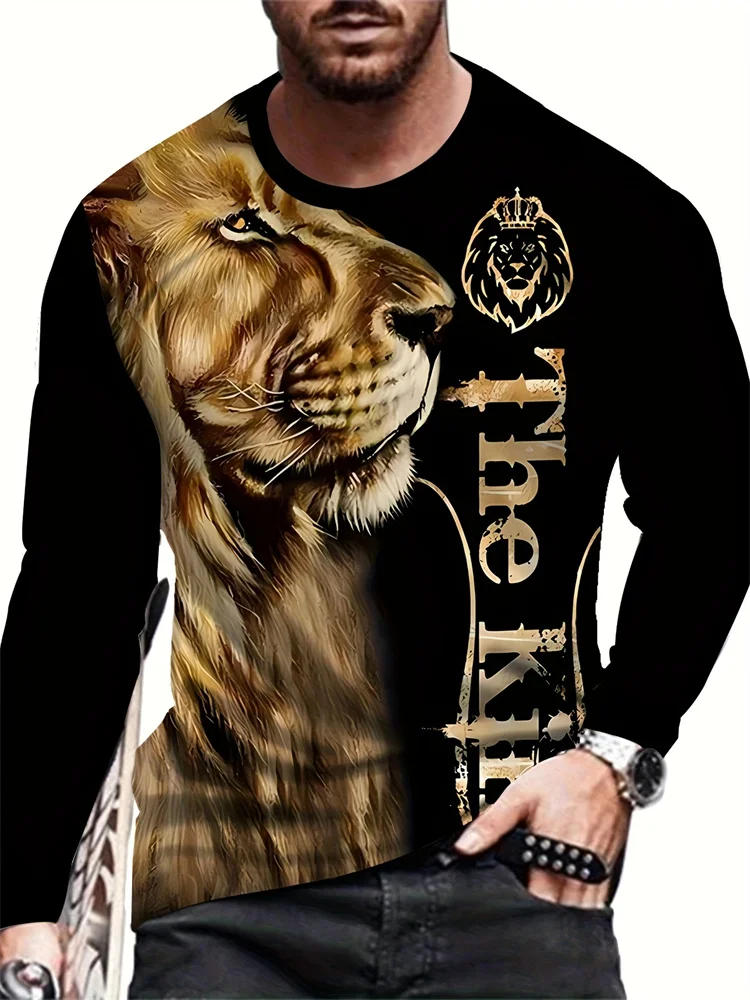 

Spring And Autumn Men's Daily Casual Street Fashion Long Sleeve T-shirt For Men 3D Lions Printed Men's Long Sleeve Clothing Tops