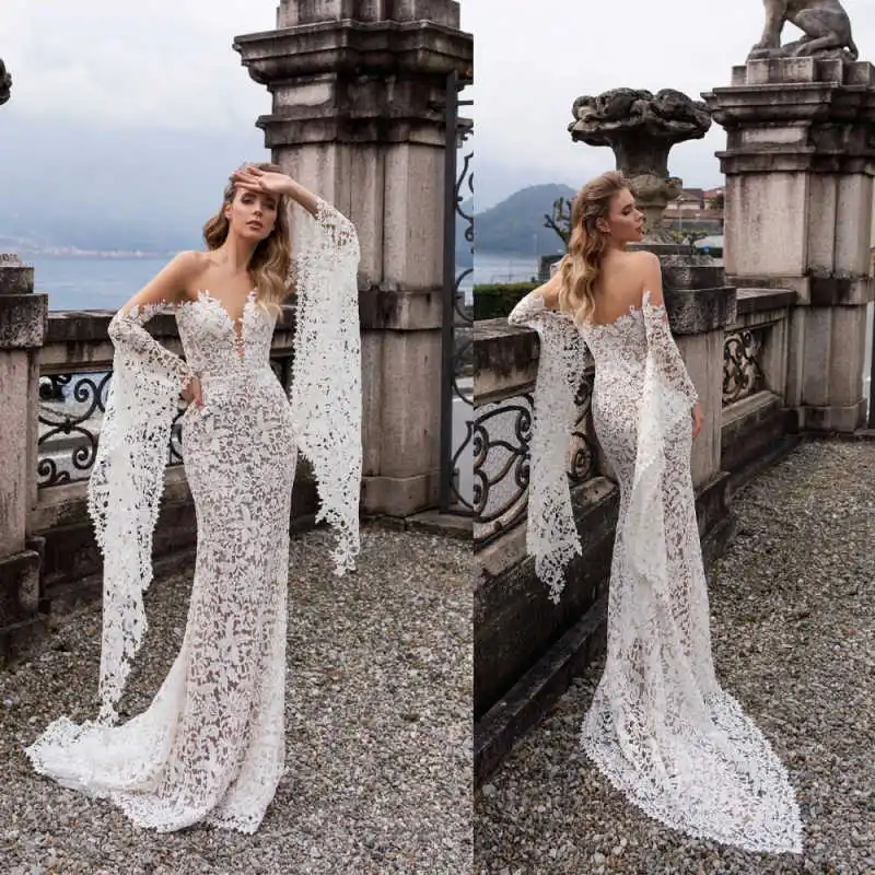 

Romantic Lace Bridal Gown Off-Shoulder Bell Sleeve Sweep Train Mermaid Formal Wedding Dress свадебное платье Customized