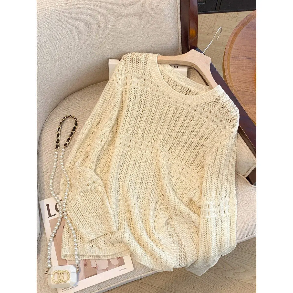 Women 2026 New Autumn Hot French Hollow‑out Crew Neck Knit Cover‑up Top Autumn Loose Long Sleeve Casual Blouse Tops