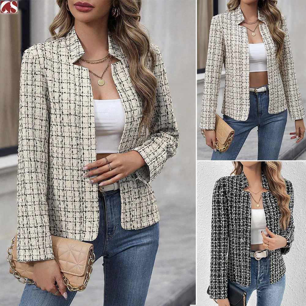 Women's Elegant Plaid Tweed Blazer Open Front Stand Collar Long Sleeve Jacket Coat