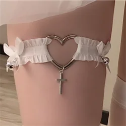 Liguero gótico de encaje con forma de corazón, ligas de pierna con lazo cruzado de Lolita, Gargantilla elástica, anillo de pierna, correa, arnés de lencería Bondage para Cosplay