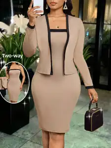 Women's Two-Way Contrast Trim Long Sleeve Jacket & Bodycon Dress Set, Elegant Office Wear