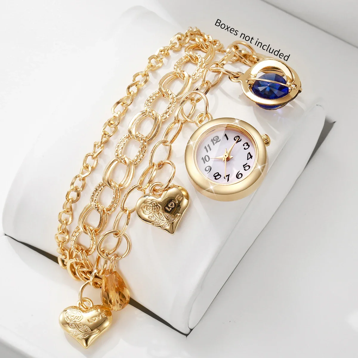 Fashion Golden Multi‑Layer Bracelet Women Watches Love Heart Rhinestone Charm Quartz Wristwatch Relogio Feminino（Without Box）
