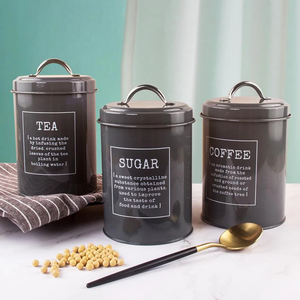 Set of 3 Metal Kitchen Food Coffee Sugar Tea Storage Tin Canister Jar Container with Lid for Kitchen Storage Canister