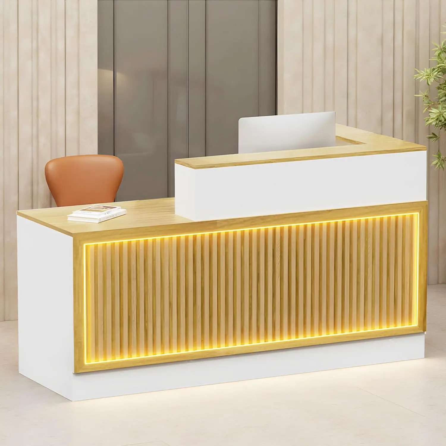 Reception Desk, Solid Wood Front Desk with Counter & Lockable Drawers, Retail Checkout Customer 2 Person Secretary Desk