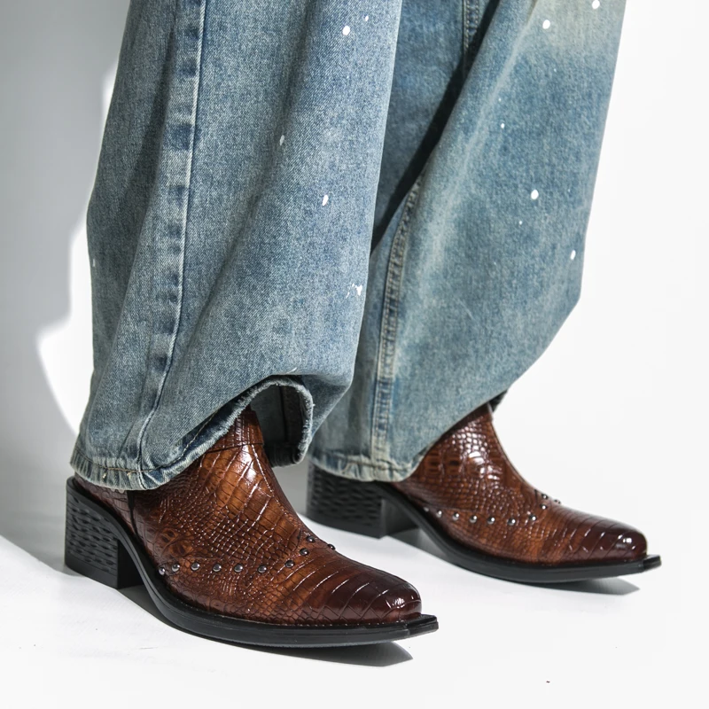 High Quality Men's Comfortable Side Zipper Pointed High Top Willow Nail Leather Shoes Autumn Fashion New Casual Chelsea Shoes