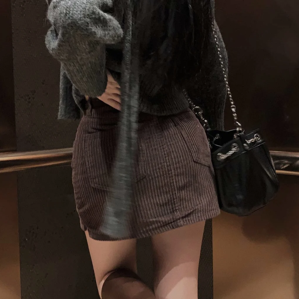 Retro Corduroy A-Line  Skirt High Waist Pants Skirt Commute Style with Pockets Casual Short Skirt for Young Women