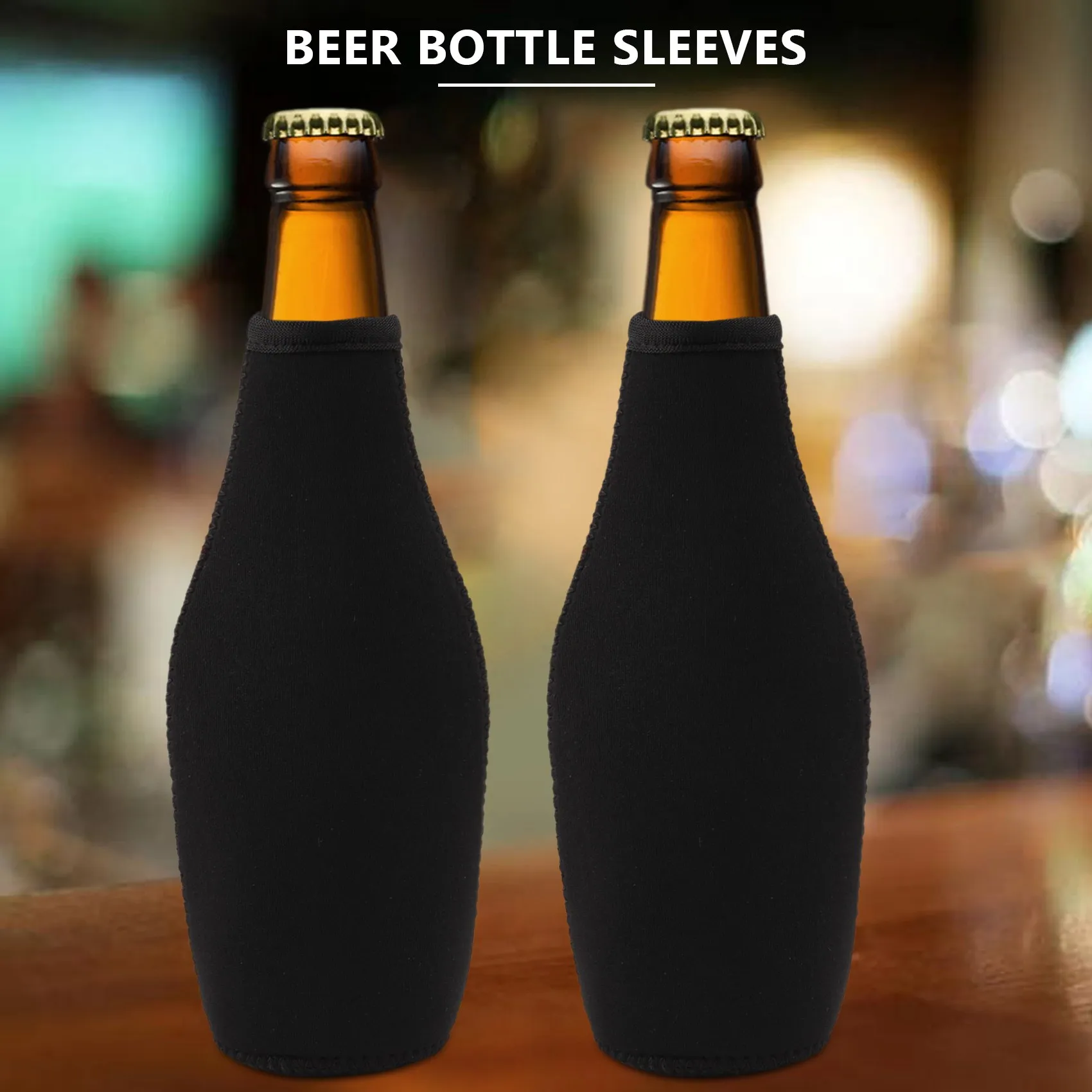 6 Pack Beer Bottle Cooler Sleeves Keep Drink Cold Zip-Up Extra Thick Neoprene Insulated Sleeve Cover Black