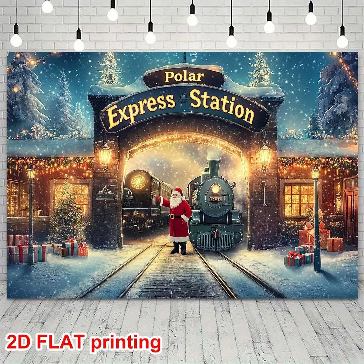 1 ديكور محطة عيد الميلاد Polar Express العتيقة - قماش خلفية وصول سانتا كلوز، نمط ندفة الثلج، بوليستر