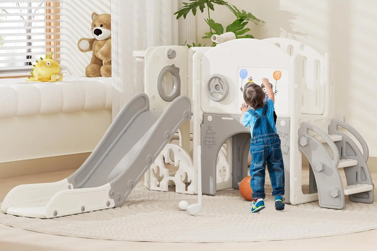 Indoor Toddler Slide with Drawing Board, Golf Set, Basketball Hoop - Kids Playground for 1-3 Year Olds, Non-Slip Steps & Storage