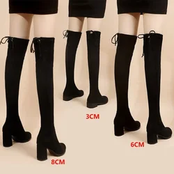 2024 Faux Suede Female Heels Autumn Zipper Elastic Knee-high Boots for Women Tube Lace-up Thigh Gigh Boots Black Botas Mujer