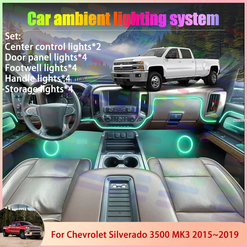 

Для Chevrolet Silverado 3500 MK3 3 2015 ~ 2019 6/18 в 1 автомобильный атмосферный светильник RGB абажур ансамбль стример атмосферный набор