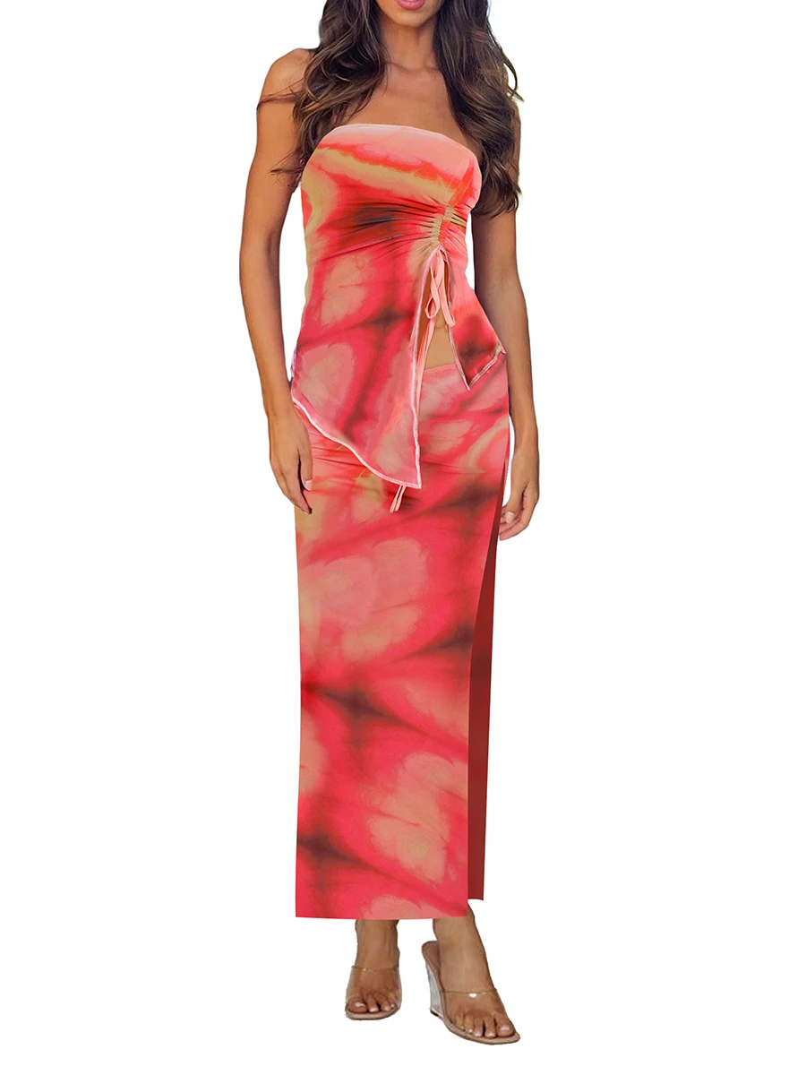 

Women 2 Piece Summer Outfits Floral Irregular Drawstring Bandeau and Long Split Skirt Streetwear Y2k Aesthetic Clothes
