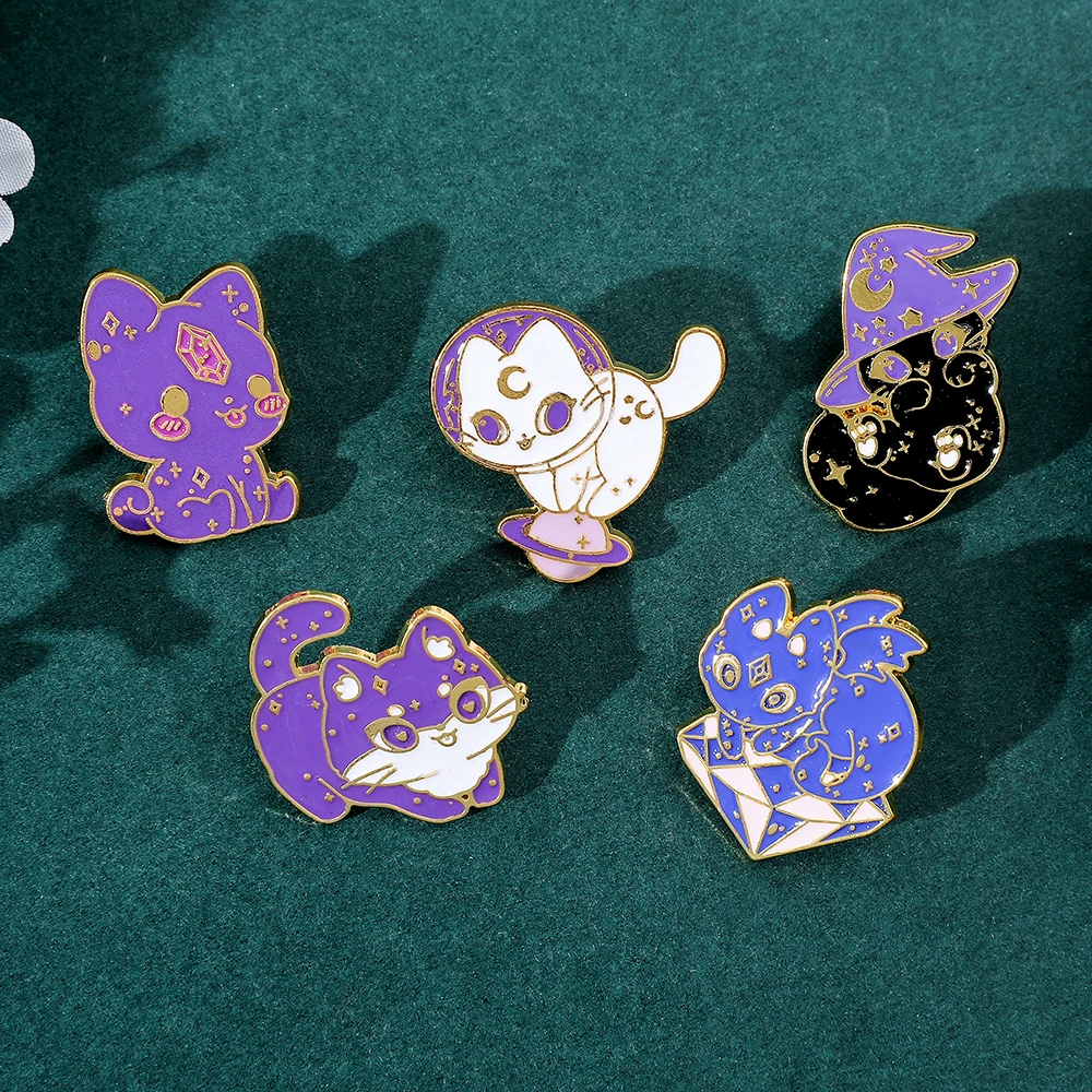 Kawaii Wizard Cat Enamel Pins Creative Cartoon Kitty Lapel Badges Cute Animal Metal Brooches for Backpack Jewelry Kids Gift