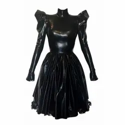 Latex Rubber Gummi Catsuit Black Dress Ruffles Sweet Skirts Customized 0.4mm