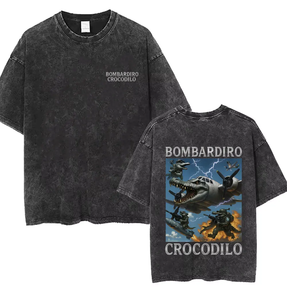 

Bombardiro Crocodilo Crocodile Plane Bomber Funny Meme Washed Vintage T-shirt Men Women Casual Italian Brainrot Humor Style Tees