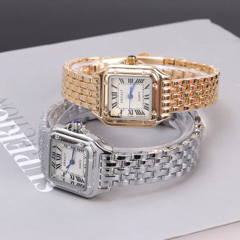 Stainless Steel Square Quartz Watch Business Fashion Light Luxury Simple Scale Quality Gold Plated Women Lady Roman Scale Clock