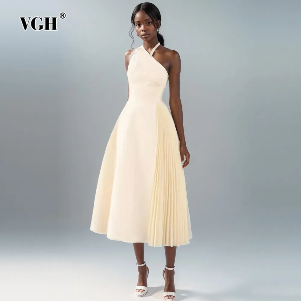 

VGH Elegant Patchwork Folds Solid Dress For Women Halter Sleeveless Backless High Waist Temperament Long Dresses Female Style