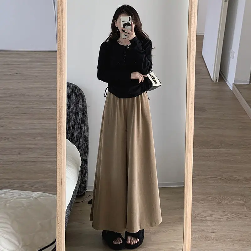 

Women Autumn Winter Thick Simplicity Loose Solid Color High Waist Wide Leg Women Clothes Office Lady All-match Casual Trousers