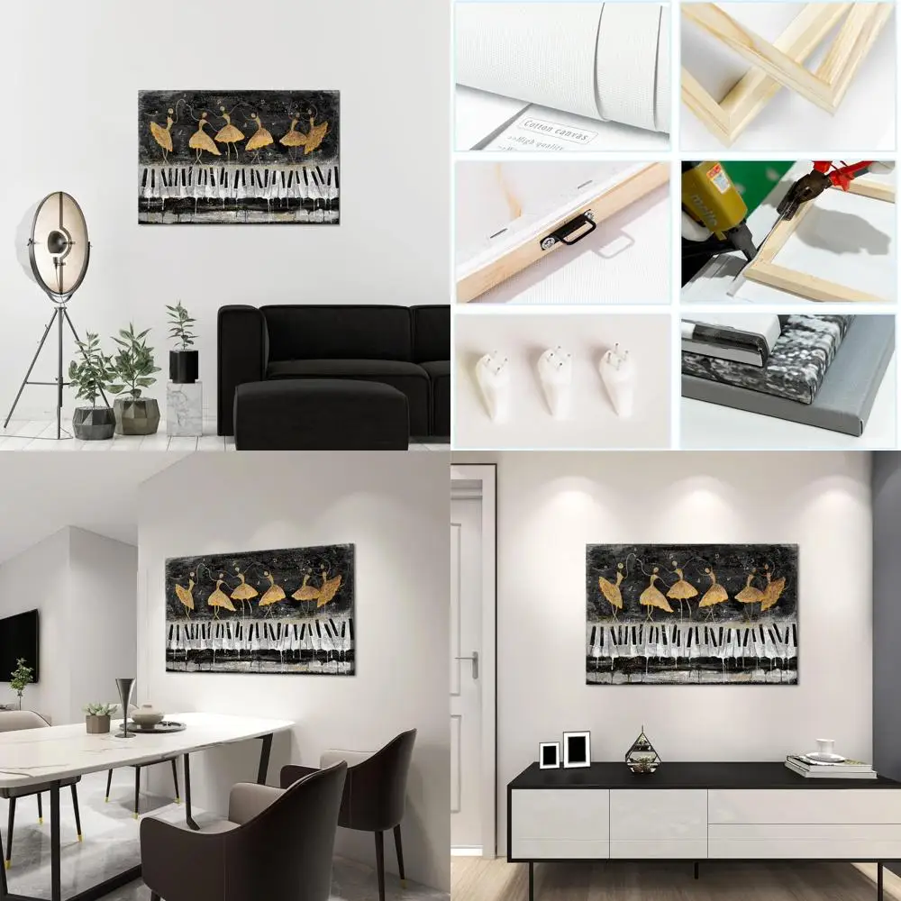 

Framed Abstract Art: Dancing Girl on Piano Keys, Black, White, Gold, 24x36 for Music Studio Decor