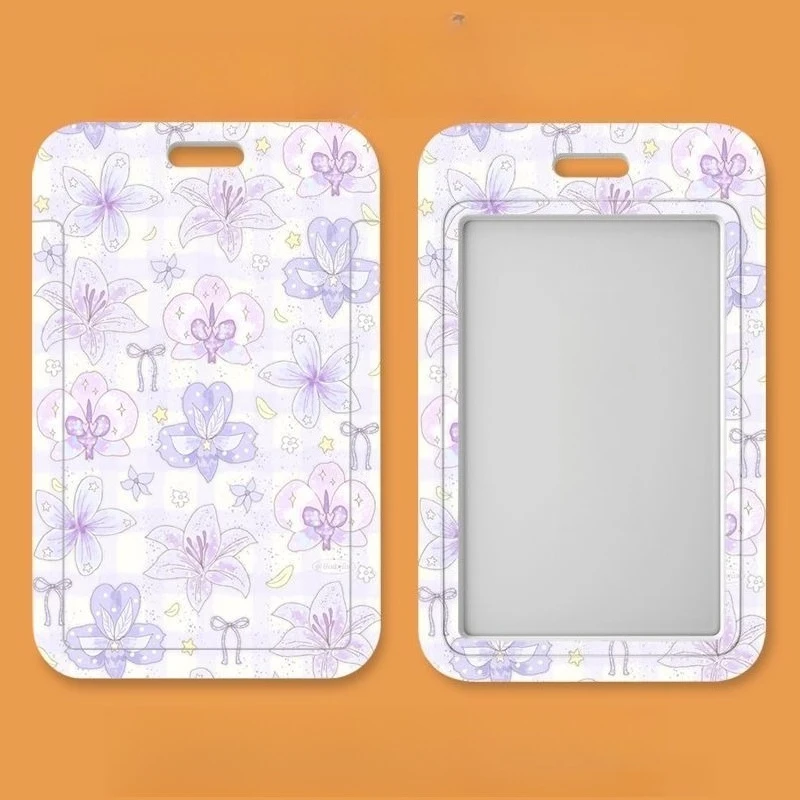 Purple Ins Style Floral Student Campus Lanyard Cards Holder Keychain Photo Sleeves Bank Business Work Card Holder for Kids Gift