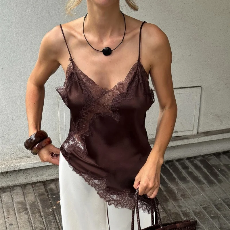 Moda mujer liso satén encaje Cami Top sin mangas cuello pico Tops irregulares mujer verano mujer Coqueta Tops estéticos