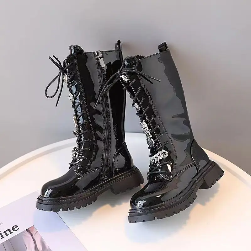 Girls\' High Boot New Princess Rhinestone Side Zipper Long Boot 2024 Autumn/Winter Children\'s Black Versatile Fashion Boot