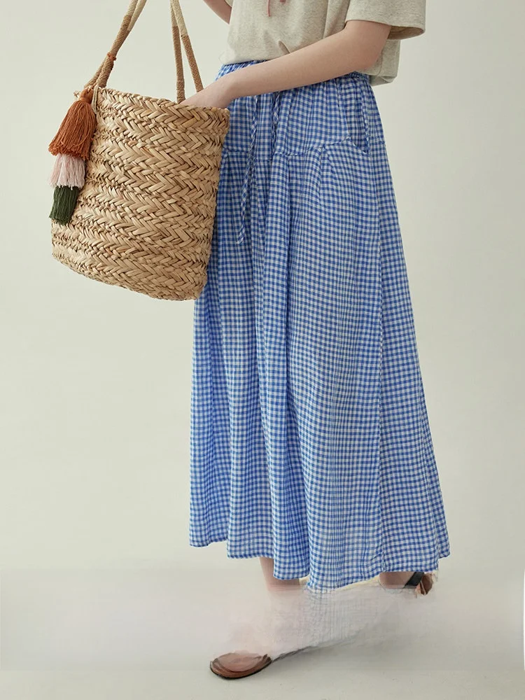 Blue Plaid High Waist A-Line  Skirt Women's Summer Japanese Style AMUU Series Belted Elastic Waist Half Skirt