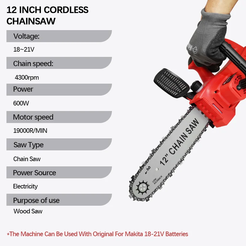 EG 12Inch Brushless Electric Chain Saw 600W 4300RPM Cordless Handheld Chainsaw Graden Pruning Power Tools for Makita 18V Battery