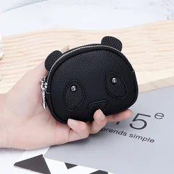 New Women Coin Purse Genuine Leather Small Double Zipper Coin Wallet Pouch with Keychain Mini Clutch Bag Cute Panda Change Purse