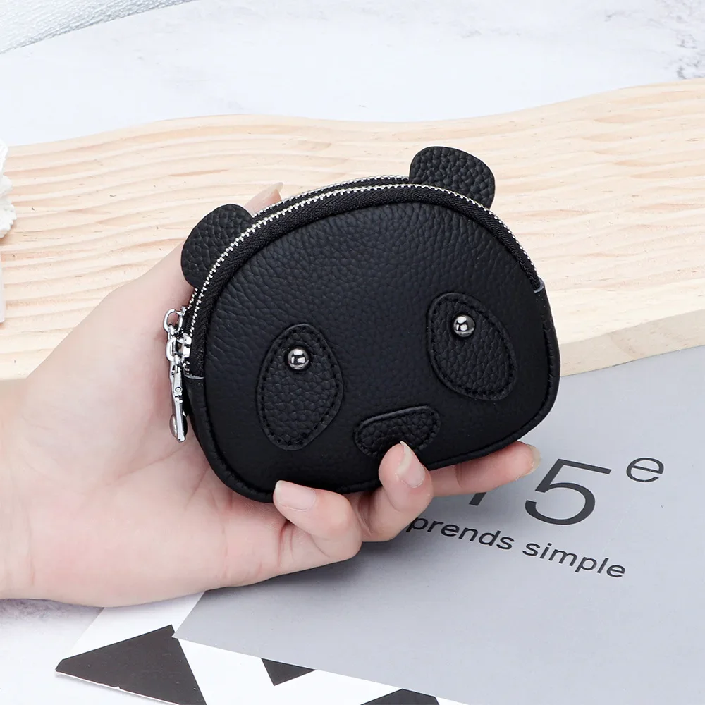 Nowa damska portmonetka z prawdziwej skóry Mała portmonetka z podwójnym zamkiem błyskawicznym z brelokiem Mini kopertówka Cute Panda Change Purse