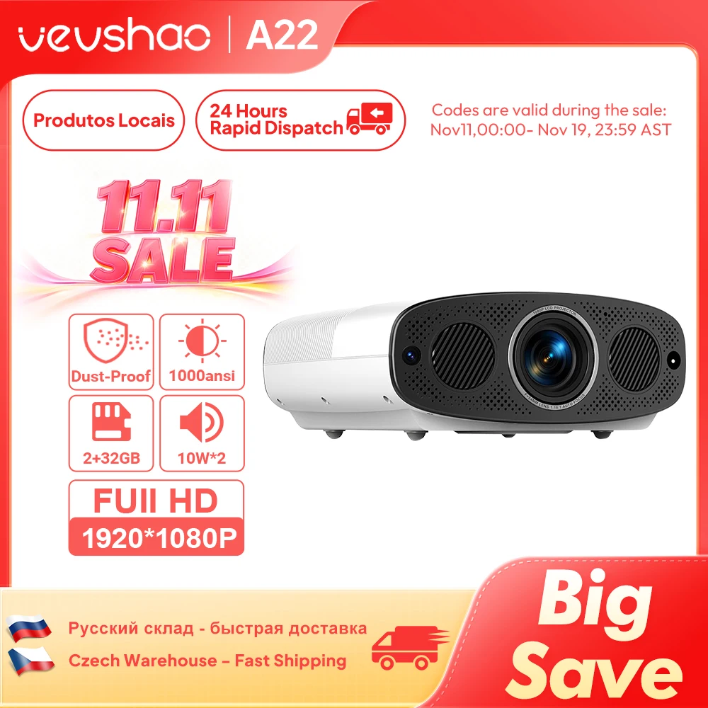 VEVSHAO A22 Full HD 1080P Projector 4K 1000ANSI Android WiFi Auto Focus 10W*2 جهاز عرض المسرح المنزلي لاجتماعات المكتب والفيديو