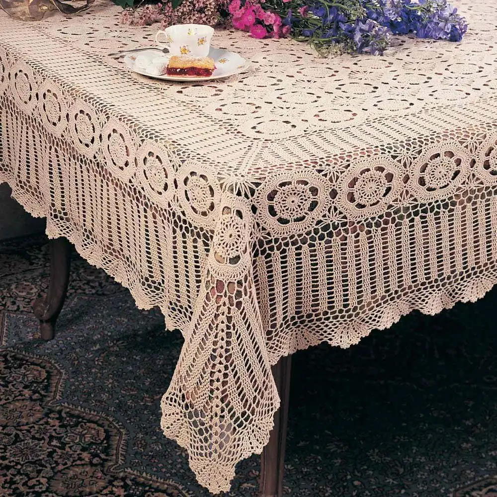 

Handmade Crochet Lace Tablecloth. 100% Cotton Crochet. Ecru, 70 Inch X 90 Inch Oblong. One Piece