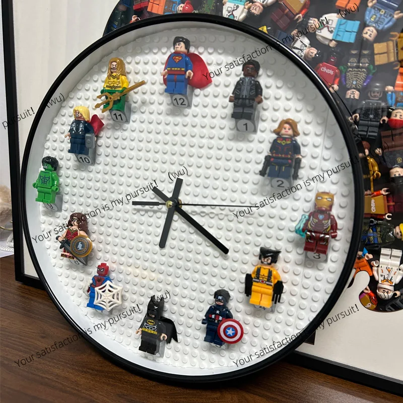 Children's room DIY wall clock, clock decoration, plastic cartoon mute, birthday gift hands building block wall clock