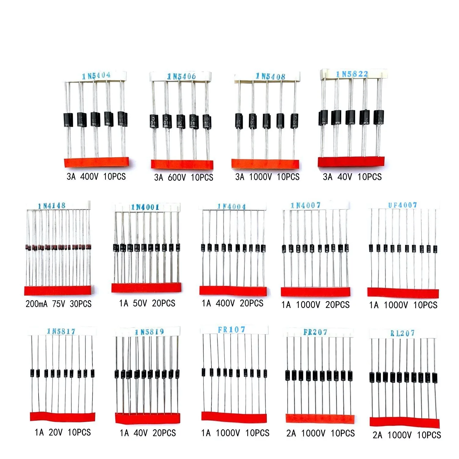 200PCS 14 Types of Switch/Rectifier/Schottky Diode Samples Boxed,1N5404,1N5822,1N4148,1N4007,FR107
